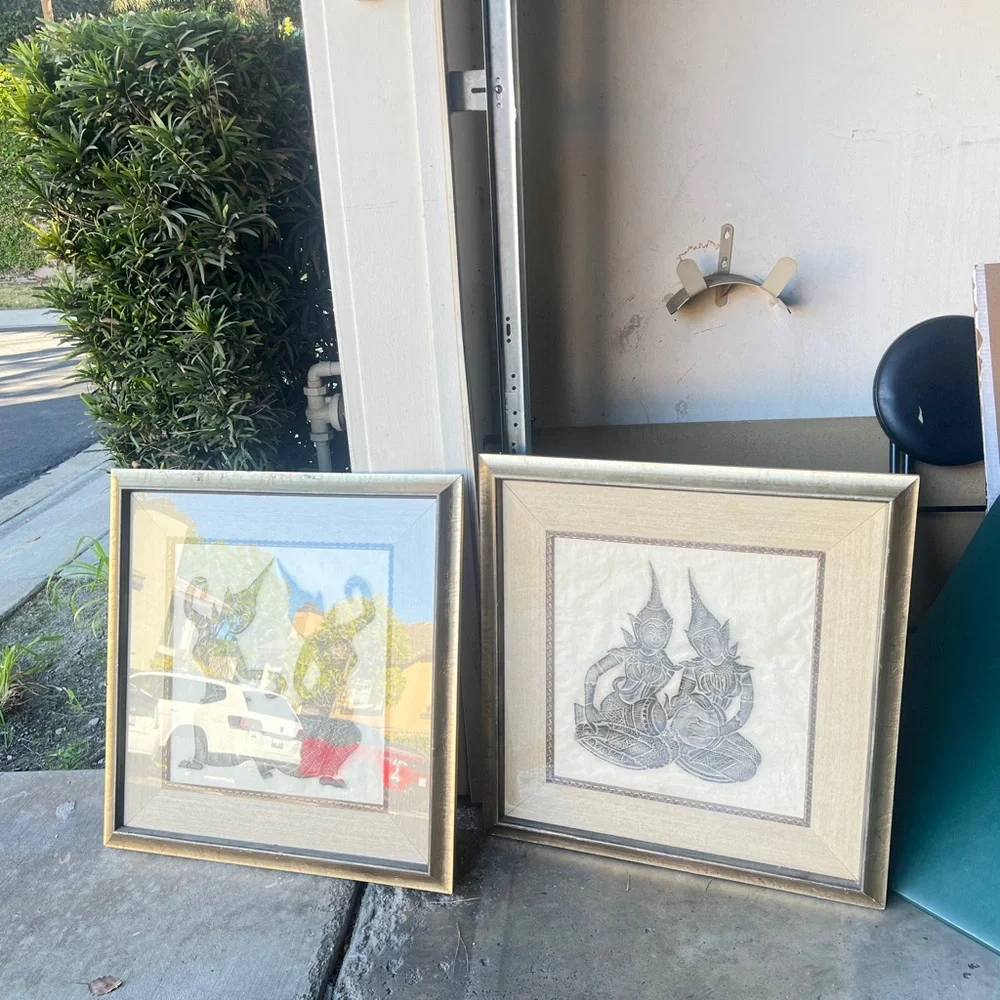 Mid Century Blue Thai Temple Rubbing Rice Paper Art Buddha 22x25 FRAME‎ 2 Set
